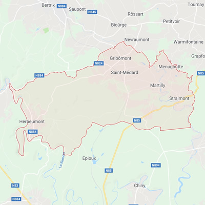 Carte avec délimitation frontalière de la commune d'Herbeumont entre Semois et Lesse