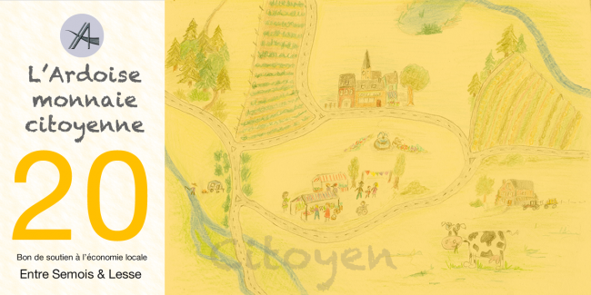 billet-ardoise-recto12x6-jaune Billet d'une valeur de vingt Ardoise monnaie locale entre Semois & Lesse - couleur jaune